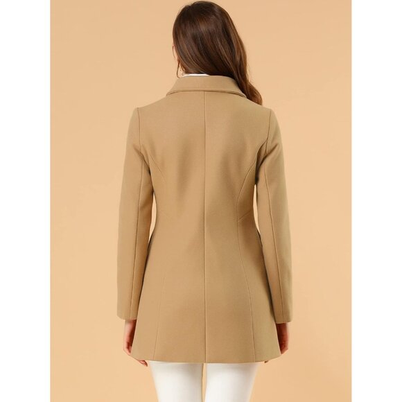 Women's Khaki Peter Pan Collar Double Breasted Winter Long Trench Pea Coat - Picture 5 of 5